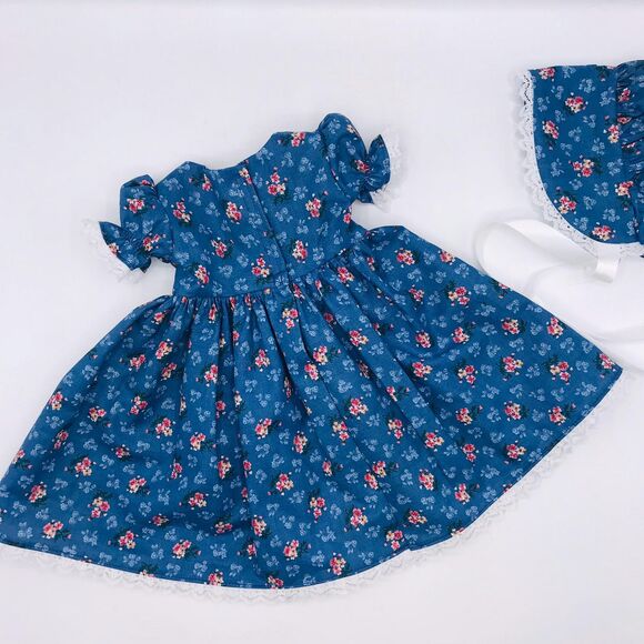 Pioneer Doll Dress & Bonnet, Handmade Outfit, For 18 Inch Dolls Blue Pink Floral - Picture 3 of 11